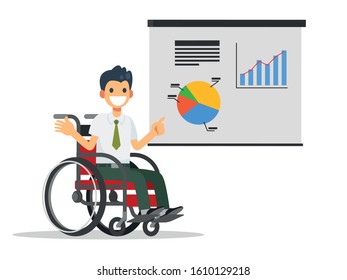 Disabled people concept. A disabled man sitting in a wheelchair is presenting a job.