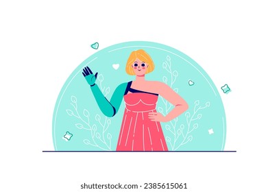 Disabled people concept with people scene in the flat cartoon design. A cute girl with a prosthesis instead of an arm lives an ordinary life and does not deny herself anything. Vector illustration.