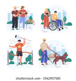 Disabled people concept scenes set. Handicapped person walking with assistant, wins competition. Blind man with dog. Collection of people activities. Vector illustration of characters in flat design