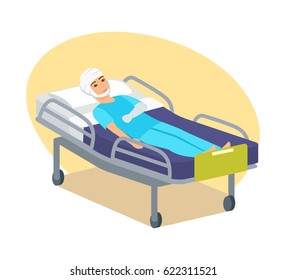 Disabled people concept. A young guy lies in bed with a bandaged head and an injured hand, temporarily limited in movement. Modern vector illustration isolated in cartoon style.