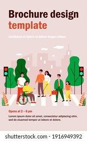 Disabled people crossing street. Blind woman, wheelchair, child flat vector illustration. Urban traffic, safety, rules concept for banner, website design or landing web page