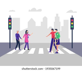 Disabled people crossing street. Illustration helps people with disabilities cross the road, Blind woman. Young men and women crossing street safely with disabilities people. Vector in a flat style