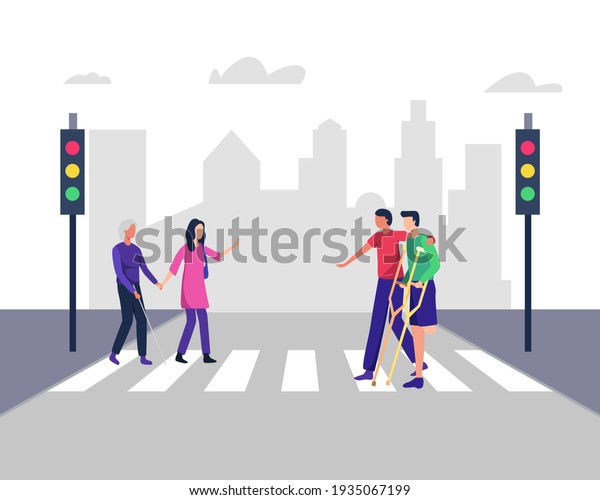 Disabled people crossing street. Illustration helps\
people with disabilities cross the road, Blind woman. Young men and\
women crossing street safely with disabilities people. Vector in a\
flat style