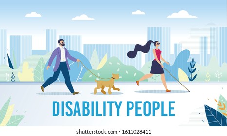 Disabled People Daily Life Activities Trendy Flat Vector Banner, Poster Template. Blind Woman and Man in Black Glasses Walking in City Park, Finding Way with Cane and Trained Guide Dog Illustration