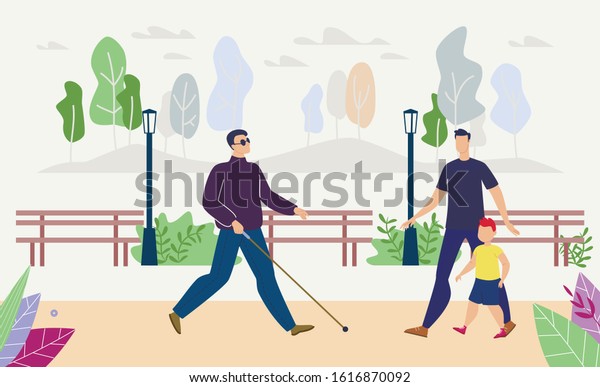 障害者日常生活モビリティトレンドのフラットベクター画像コンセプト 盲人 視覚障害者 黒い眼鏡をかけた通りや市の公園の道を歩く 長い杖のイラストで道を見つける のベクター画像素材 ロイヤリティフリー