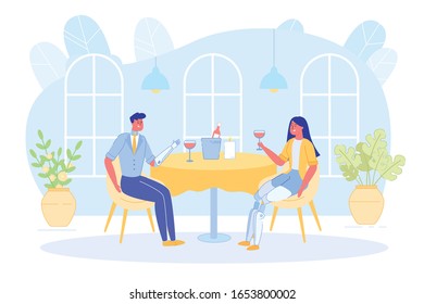 Disabled People Dating and Enjoying Unit Recreation and Leisure. Cheerful Man and Woman Cartoon Characters Sitting TOgether at Table in Restaurant and Communicating. Flat Vector Illustration.