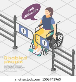 Disabled people difficulties isometric background composition with wheelchair bound woman unable to open entrance gates vector illustration   