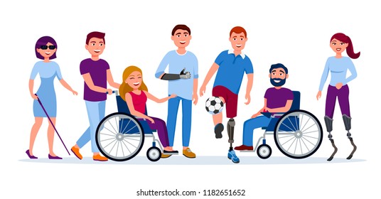 Disabled people with disabilities and prosthesis, blind woman, people on wheelchairs, High-Tech Running Prosthetics, Prosthetic Hand vector flat illustration. Men and women with incapability