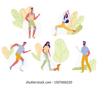 Personas discapacitadas y tesis en diferentes partes ilustraciones de vectores planos de caricaturas. Hombre y mujer haciendo ejercicios físicos con problemas de salud. Pierna Prostética, Brazo.