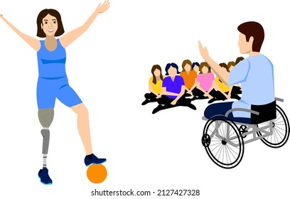 Disabled people with disabilities and prosthesis Girl with a leg prosthesis playing with a ball Guy giving a lecture to schoolchildren Vector illustration