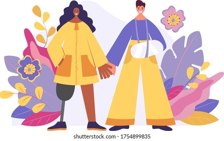 Disabled people with disabilities and prosthetics. Vector flat illustration. Men and women with incapable.