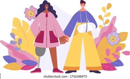 Disabled people with disabilities and prosthetics. Vector flat illustration. Men and women with incapable.