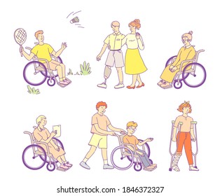 Disabled people with disabilities and wheelchairs. People on artificial legs, on crutches, blind man. Handicapped person in wheelchairs. Children elderly with disabilities communicate, play sports