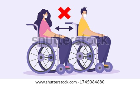 Disabled people do not keep distance during quarantine. The concept of understanding Covid-19. Promoting the concept of a vulnerable category. Vector illustration in a flat style.