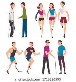 Disabled People Doing Sports and Having Good Time with Their Friends Set, Handicapped Men and Women Receiving Support and Enjoying Full Life Vector Illustration