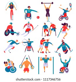 Disabled people during doing sport including gymnastics, archery, skiing, biking, set of flat icons isolated vector illustration