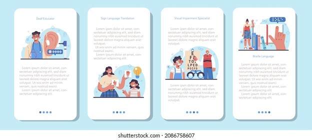 Disabled people education mobile application banner set. Specialist teaching disabled people to communicate with sign and braille language. Deaf-mute and blind person assistance. Vector illustration