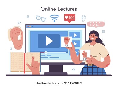 Disabled people education online service or platform. Specialist teaching people to communicate with sign and braille language. Online lecture. Vector illustration