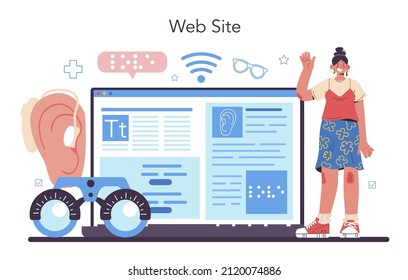 Disabled people education online service or platform. Specialist teaching people to communicate with sign and braille language. Website. Vector illustration