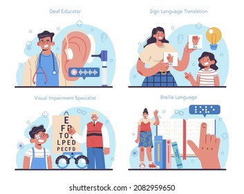 Disabled people education set. Specialist teaching disabled people to communicate with sign and braille language. Deaf-mute and blind person assistance. Flat vector illustration