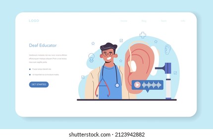 Disabled people education web banner or landing page. Specialist teaching disabled people to communicate with sign language. Deaf-mute person assistance. Flat vector illustration