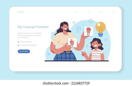 Disabled people education web banner or landing page. Specialist teaching disabled people to communicate with sign language. Deaf-mute person assistance. Flat vector illustration