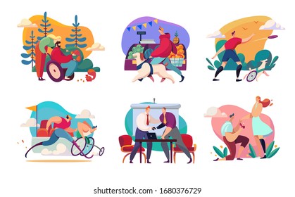 Disabled people enjoying life active and successful social lifestyle, vector illustration. People with disabilities have successful business career, happy relationship and participate in sport contest