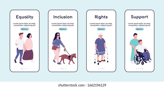 Disabled people equality and support onboarding mobile app screen flat vector template. Walkthrough website steps with characters. UX, UI, GUI smartphone cartoon interface, case prints set