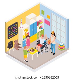 Disabled people family life parenting  isometric composition with farther in wheelchair celebrates little son birthday vector illustration 