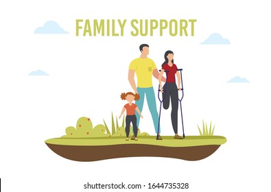 Disabled People Family Support Trendy Flat Vector Banner, Poster Template. Woman With Leg Amputation Spending Time With Relatives, Husband And Daughter Helping Disabled Wife On Crutches Illustration