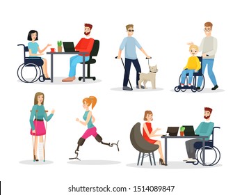 Disabled people flat characters set. Full-fledged life concept. Handicapped men and women with special needs vector isolated illustrations pack. Social anti-indifference project design elements.