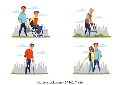 Disabled people flat vector illustrations pack. Invalids and caregivers, volunteers cartoon characters. Young guy in wheelchair, old pensioner with walkers. Husband and blind wife on stroll