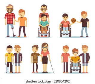 Disabled people and friends helping them vector set