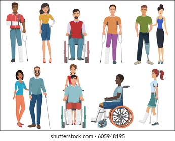 Disabled people with friends helping them set. Vector illustration.