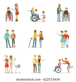 Disabled people and friends helping them set for label design. Cartoon detailed colorful Illustrations