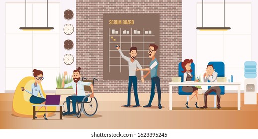 Disabled People Full Life and Self-Realization Trendy Flat Vector Concept. Happy and Positive Man in Wheelchair Working in Coworking Office, Taking Part in Business Startup Development Illustration