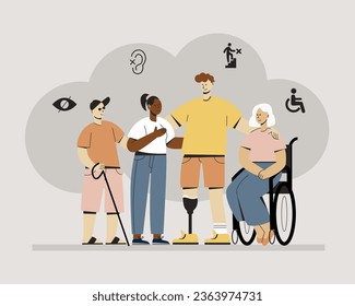 disabled people. Group of men and women with special needs, on wheelchairs, with prosthesis. Vector illustration for support, diversity, disability, lifestyle concept