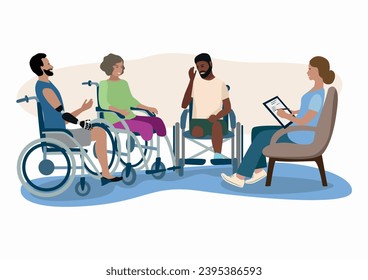 Disabled people for group therapy with a psychologist. Psychological assistance to people with disabilities. Rehabilitation and adaptation of people with disabilities. Vector illustrations.