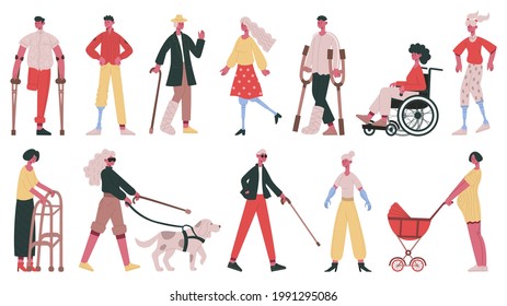 Disabled people. Handicapped, blind, deaf characters, people in wheelchair, with prosthetic arms and legs vector illustration set. Adult characters. Wheelchair and handicapped, prosthesis artificial