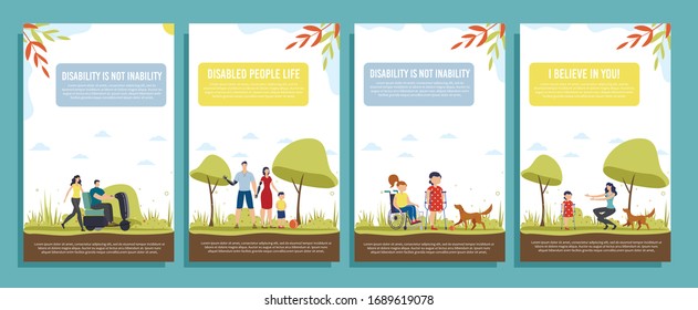Disabled People Happy Life with Positive Mindset, Family Support Concept. Trendy Flat Vector Vertical Banners, Posters Template Set. Disabled Adults and Children Resting with Family and Friends in Park Illustration