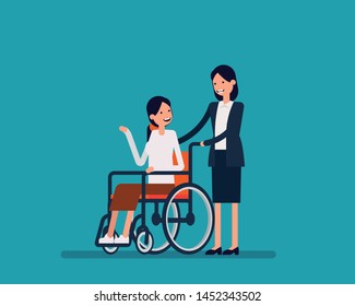 Disabled people having a good time with friend. Vector illustration, Handicapped concept, Disabled Enjoying, Flat cartoon character design.