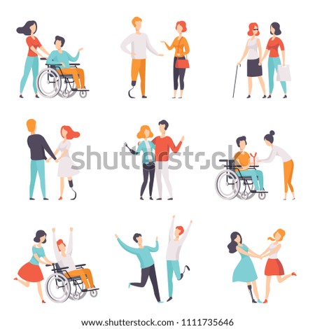 Disabled people having a good time with their friends set, handicapped person enjoying full life vector Illustrations on a white background