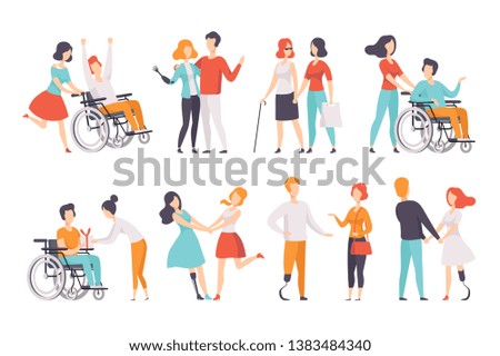 Disabled people having a good time with their friends set, handicapped person enjoying full life vector Illustrations on a white background