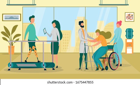Disabled People Having Rehabilitation Flat Cartoon Vector Illustration. Handicapped Man and Woman on Therapy. Boy With Prosthesis Exercising on Treadmill, Woman on Wheelchair Trying to Walk.