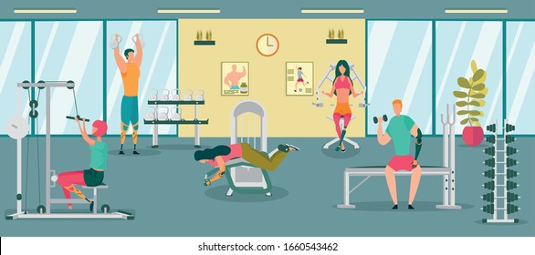 Disabled People Having Rehabilitation in Gym Flat Cartoon Vector Illustration. Training Equipment for Handicapped Man and Woman with Leg and Arm Prothesis. Treatment and Physiotherapy.