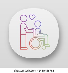 Disabled people help app icon. Volunteer responsibility for handicapped. Man carries invalid in wheelchair. UI/UX user interface. Web or mobile applications. Vector isolated illustrations