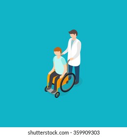 Disabled people help concept. Isometric 3d vector