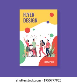 Disabled people help and diversity. Handicapped people with cane and in wheelchair meeting with friends or volunteers. Vector illustration for disability, assistance, diverse society concept