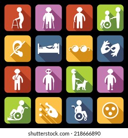 Disabled people help flat icons set isolated vector illustration