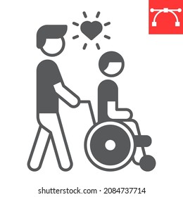 Disabled people help glyph icon, caretaker and volunteering, man take wheelchair man vector icon, vector graphics, editable stroke solid sign, eps 10.